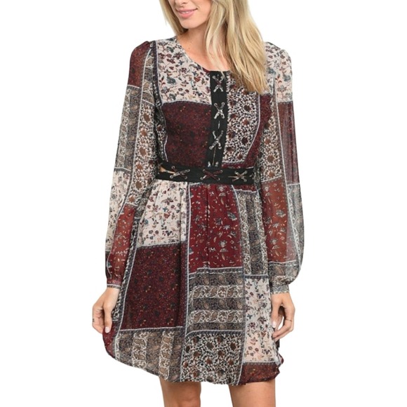 Boheme Dresses & Skirts - Patchwork Bohemian Dress Burgundy Long Sleeve Boho Style